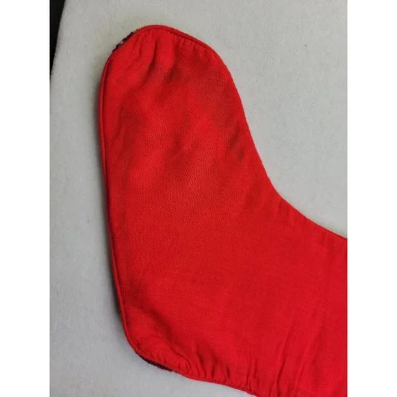 Vintage Handmade Needlepoint Christmas Stocking 20" Holiday Greetings Santa Tree